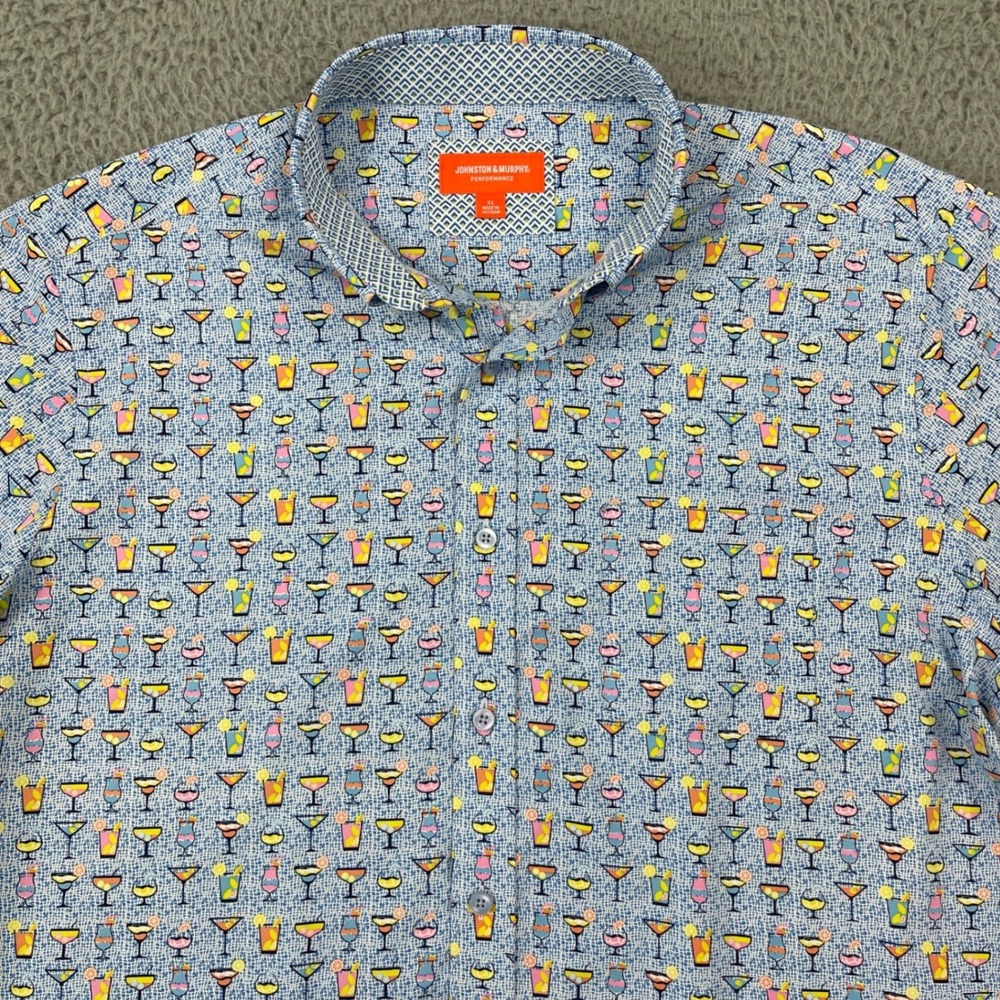 Johnston & Murphy Performance Button Down Shirt Mens XL Blue Cocktail Print - Picture 2 of 9